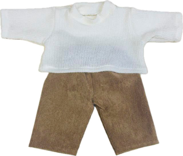 Dúkkuföt  hvít peysa og brúnar buxur 40 cm